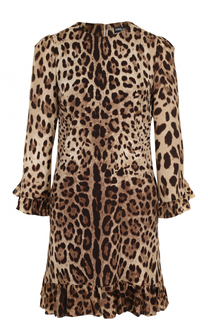 Шелковое мини-платье с леопардовым принтом и оборками Dolce &amp; Gabbana