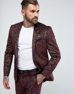 Бордовый приталенный пиджак-смокинг из бархата с узором пейсли ASOS - Красный