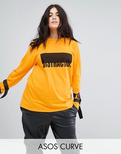 Топ с длинными рукавами, D-образными кольцами с завязками и принтом ASOS CURVE - Желтый