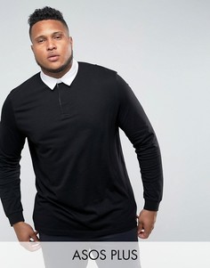 Черная удлиненная футболка-поло в стиле регби с длинными рукавами ASOS PLUS - Черный
