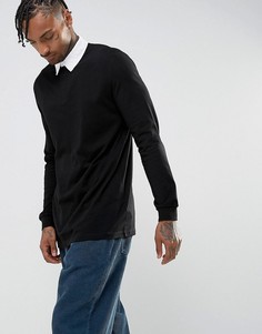 Черная удлиненная футболка-поло в стиле регби с длинными рукавами ASOS - Черный