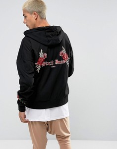 Черный худи оверсайз с цветочным принтом на спине Sixth June - Черный