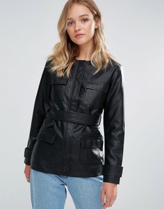 Куртка из искусственной кожи с завязкой на талии Neon Rose - Черный