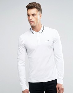 Белая узкая футболка-поло стретч с окантовкой и длинными рукавами Armani Jeans - Белый