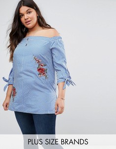 Блузка в клетку с открытыми плечами, завязками на рукавах и цветочной вышивкой Lovedrobe - Мульти