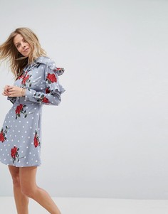 Платье-рубашка с цветочным принтом и оборками ASOS - Мульти