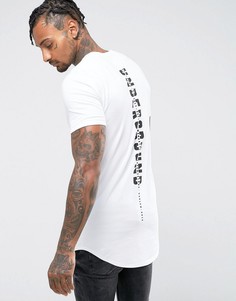 Супердлинная обтягивающая футболка с асимметричным краем и принтом ASOS - Белый