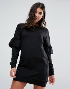 Черное платье-футболка с оборками на рукавах Missguided - Черный