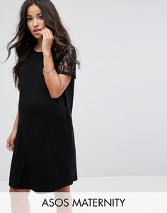 Платье-футболка с кружевными рукавами реглан ASOS Maternity - Черный