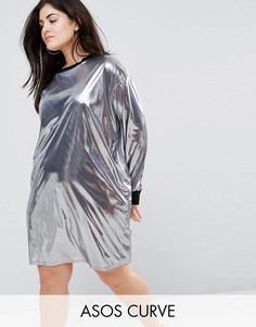 Платье мини с эффектом металлик и отделкой в рубчик ASOS CURVE - Серебряный