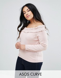 Джемпер с открытыми плечами и оборкой ASOS CURVE - Розовый