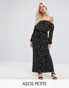 Платье макси в горошек с открытыми плечами и длинными рукавами ASOS PETITE - Мульти