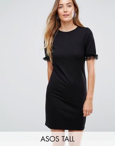 Платье-футболка из ткани понте с кружевными оборками на рукавах ASOS TALL - Черный