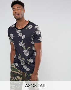 Длинная футболка с глубоким вырезом и цветочным принтом ASOS TALL - Черный