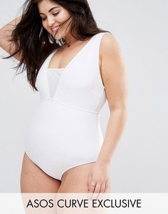 Корректирующий слитный купальник с сетчатой вставкой ASOS CURVE - Белый