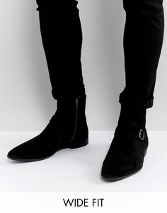 Черные замшевые ботинки челси для широкой стопы с ремешками и пряжками ASOS - Черный