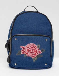 Джинсовый рюкзак с цветочной нашивкой и заклепками Yoki - Темно-синий
