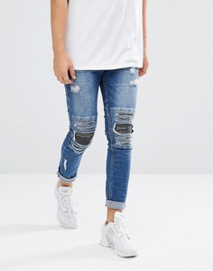 Байкерские джинсы скинни с рваной отделкой и камуфляжным принтом на нашивках Brooklyns Own - Синий