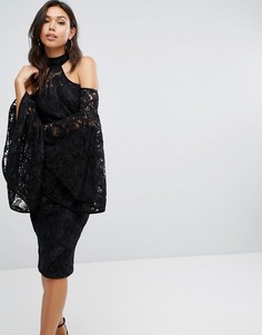 Кружевное платье-футляр с вырезами на плечах и рукавами оверсайз Misha Collection - Черный