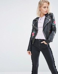 Кожаная байкерская куртка с вышивкой Barneys Original - Черный Barneys Originals