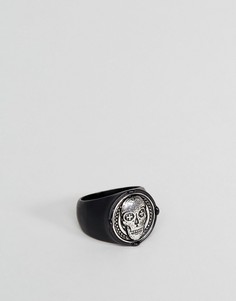 Черное матовое кольцо с печаткой и черепом Icon Brand - Черный