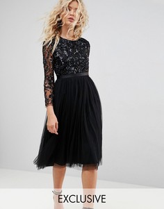 Платье миди с длинными рукавами и отделкой Needle & Thread - Черный