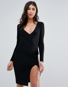 Черное платье миди с длинными рукавами, запахом и низом с разрезом Missguided - Черный
