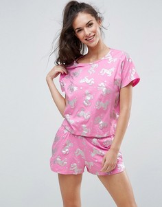Пижамная футболка и шорты с блестящими единорогами ASOS - Мульти