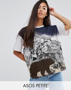 Свободная футболка в стиле ретро с принтом медведя ASOS PETITE - Серый