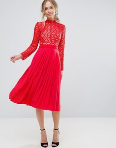 Кружевное плиссированное платье миди Little Mistress Premium - Красный