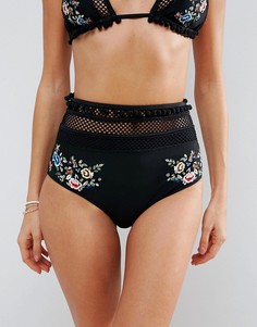 Трусы бикини с помпонами, сеткой и вышивкой ASOS Premium - Черный