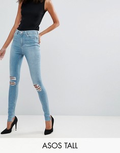 Светлые джинсы скинни с завышенной талией, рваной отделкой и асимметричными краями ASOS TALL RIDLEY - Синий