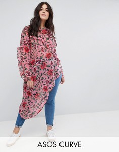 Блузка с асимметричной оборкой и цветочным принтом ASOS CURVE - Мульти