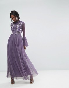Сетчатое премиум-платье макси с оборками и вышивкой Lace & Beads - Серый