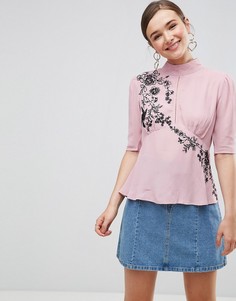 Блузка с вышивкой и рукавами-фонариками ASOS - Розовый