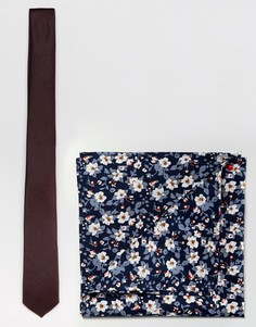 Бордовый галстук и темно-синий платок для нагрудного кармана с цветочным принтом ASOS - Мульти