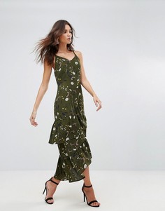 Платье макси с цветочным принтом и оборкой на подоле AX Paris - Зеленый