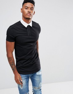Черная обтягивающая футболка-поло удлиненного кроя в стиле регби с закругленным краем ASOS - Черный