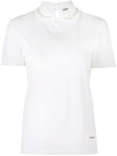 футболка с кружевным воротником и отделкой бусинами  Miu Miu