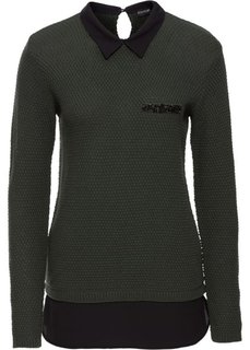 Пуловер 2 в 1 с имитацией блузки (оливковый/черный) Bonprix