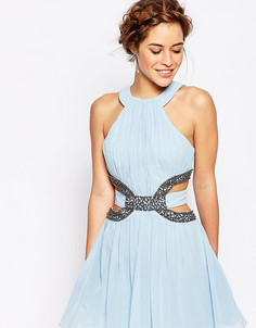 Приталенное платье мини с высоким воротом, отделкой и вырезами Little Mistress Petite - Синий