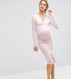 Платье миди для беременных со сборками и разрезом ASOS Maternity - Розовый