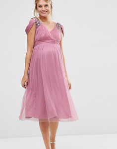 Платье миди с открытыми плечами для беременных Little Mistress Maternity - Фиолетовый