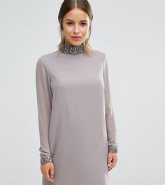 Цельнокройное платье с отделкой пайетками на горловине ASOS PETITE - Серый
