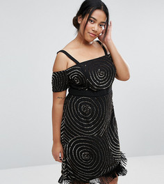 Платье с широким вырезом, отделкой и бахромой Lovedrobe Luxe - Черный