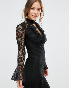 Кружевное короткое приталенное платье с оборкой на кромке John Zack Petite - Черный