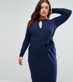 Платье миди с глубоким вырезом, длинными рукавами и завязкой сбоку ASOS CURVE - Темно-синий