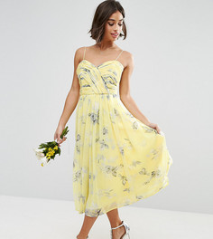 Платье миди со складками и цветочным принтом ASOS PETITE WEDDING - Желтый