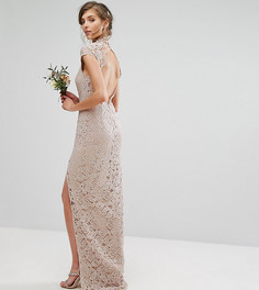 Кружевное платье с высокой горловиной и коротким рукавом TFNC Tall Wedding - Розовый