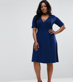 Чайное платье миди с запахом и сборками на плечах ASOS CURVE - Синий